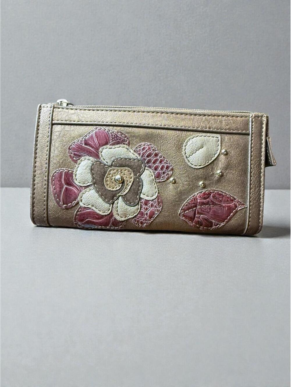 Relic Bronze Metallic Leather Wristlet with Floral Applique